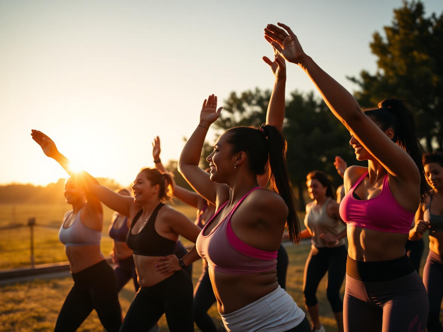 A diverse group of people in an outdoor group fitness class